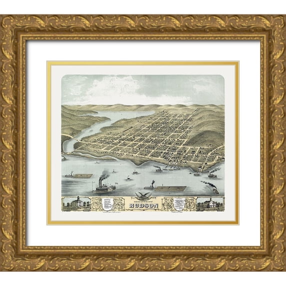 Stoner 30x26 Gold Ornate Wood Framed with Double Matting Museum Art Print Titled - Hudson Wisconsin - Stoner 1870