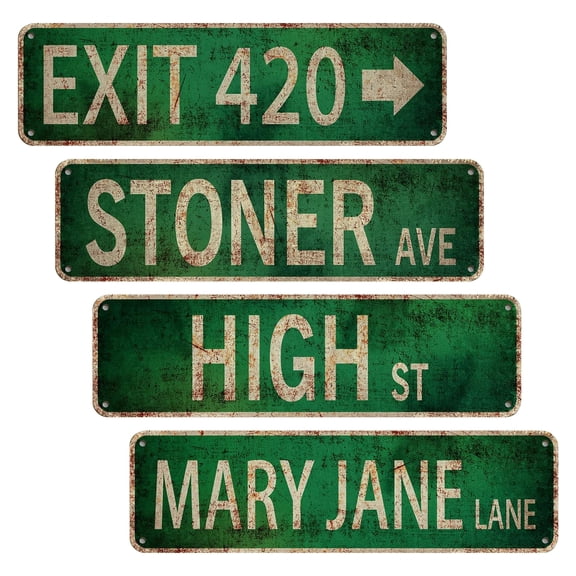 Stoner Avenue Street Sign 4 Signs of Exit 420 /High St/Mary Jane Lane/Stoner Ave for Room Decor, Duplex Printed Trippy Room Decor for Stoner, Vintage Rustic Retro Garage Decor Sign