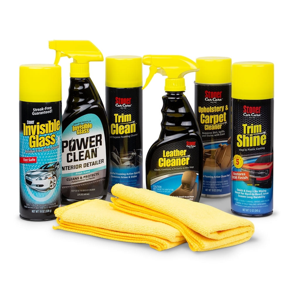 Stoner Car Care 99056 Interior Detailing 8-Piece Kit Includes Carpet and Upholstery Cleaner, Leather Cleaner, Trim Shine, Trim Clean, Premium Glass Cleaner, Power Clean, and Two Microfibers