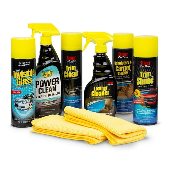Stoner Car Care 99056 Interior Detailing 8-Piece Kit Includes Carpet and Upholstery Cleaner, Leather Cleaner, Trim Shine, Trim Clean, Premium Glass Cleaner, Power Clean, and Two Microfibers