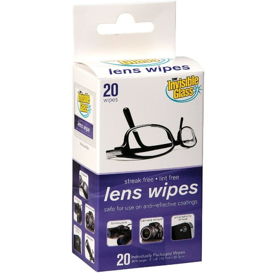 Invisible Glass 90102 Lens Cleaning Wipes Perfect for Cleaning Eyeglasses, Sunglasses, Cameras, Screens, Electronics, and More, Safe on Anti-Reflective Coatings, Lint-Free, 20 Wipes, Pack of 1