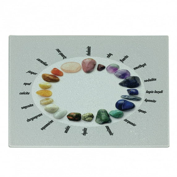 Stones Cutting Board, Natural Precious Rocks and Written Names Round Order with Color Change Scale Photo, Decorative Tempered Glass Cutting and Serving Board, in 3 Sizes, by Ambesonne