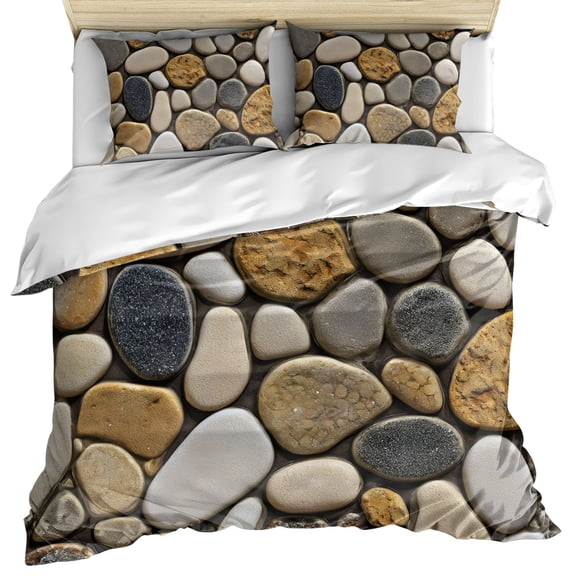 Stones Duvet Cover Queen Size, Gravel Rock Cobblestone Natural Pattern Art Comforter Cover with Zipper Closure, 3 Piece Bedding Sets 1 Duvet Cover 90x90 Inches and 2 Pillow Shams
