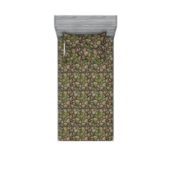 Stones Fitted Sheet & Pillow Sham Set, Vintage Vibes Hand Drawn Looking Cobblestone With Foliage Illustration, Decorative Printed 2 Piece Bedding Decor, Twin, Reseda Green Pale Grey, by Ambesonne
