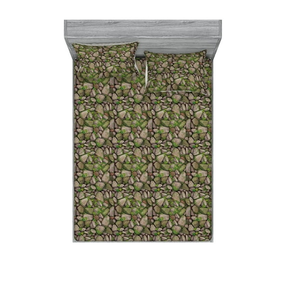 Stones Fitted Sheet & Pillow Sham Set, Vintage Vibes Hand Drawn Looking Cobblestone With Foliage Illustration, Decorative Printed 3 Piece Bedding Decor, Full, Reseda Green Pale Grey, by Ambesonne