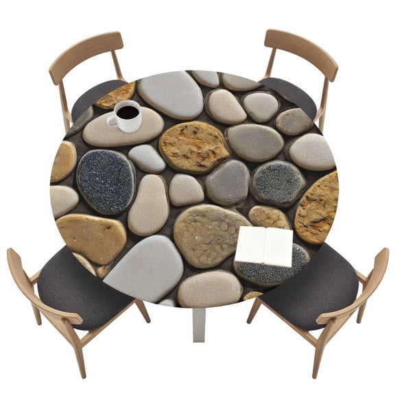 Stones Fitted Tablecloth with Elastic Edged, Round Table Cloth for Dining Table, Gravel Rock Cobblestone Natural Pattern Art Waterproof Oil Proof Table Cover for Indoor Outdoor 36"-44"
