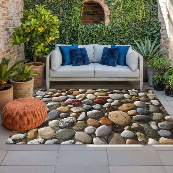 Stones Indoor Outdoor Rugs 3x5 Ft, Abstract Colored River Cobblestones Stones Photo Outdoor Patio Rugs Mat Washable Outside Area Rugs Carpet for Porch Deck RV Camping Pool Balcony Backyard