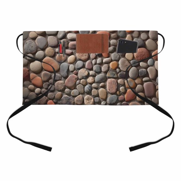 Stones Kitchen Restaurant Half Waist Apron, Abstract Multi Colored Cobblestones Stones Photo Server Short Apron with 3 Pockets Waterproof Oil Waist Aprons for Women Waitress Waiter