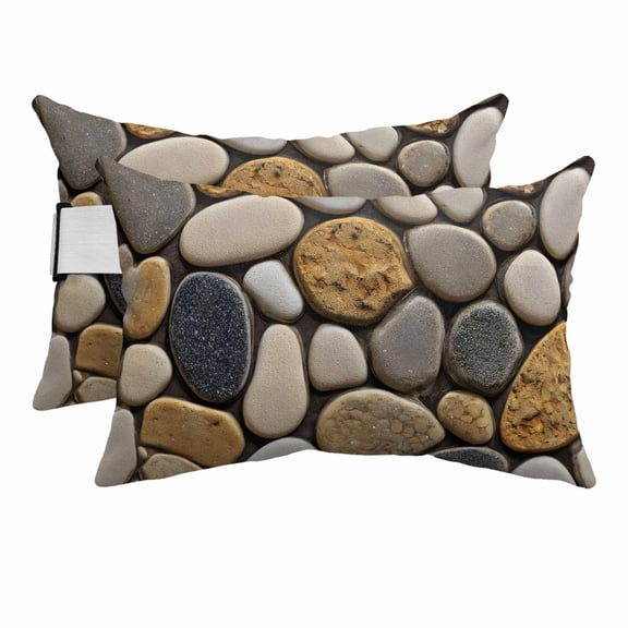 Stones Outdoor Pillows for Chaise Lounge Chair Beach Headrest Pillow Set of 2 Waterproof Lumbar Pillows with Insert&Strap Gravel Rock Cobblestone Natural Pattern Art Pillow for Patio Pool 12"x20"