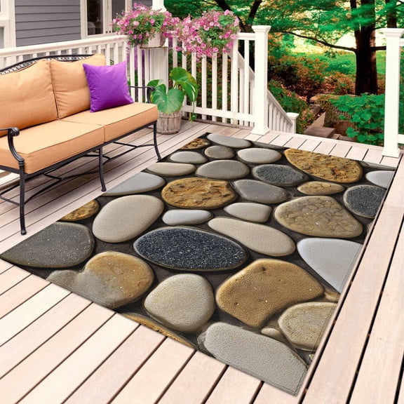 Stones Outdoor Rug 6x9 Ft, Non Slip Washable Area Rug, Gravel Rock Cobblestone Natural Pattern Art Patio Rugs Carpet Runner, Large Floor Mat for Indoor/Outdoor Deck Porch Camping