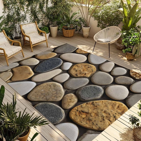 Stones Outdoor Rug for Patio/Deck/Porch, Non-Slip Large Area Rug 5 x 8 Ft, Gravel Rock Cobblestone Natural Pattern Art Indoor Outdoor Rugs Washable Area Rugs, Reversible Camping Rug Carpet Runner