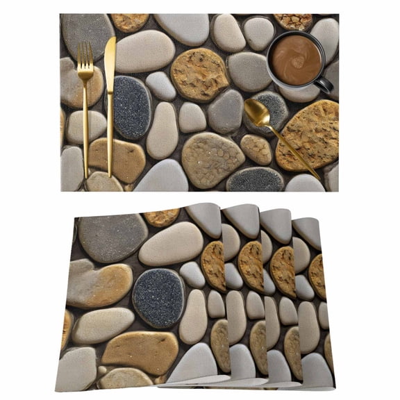 Stones Placemats Set of 4, Gravel Rock Cobblestone Natural Pattern Art Placemats for Dining Table, Place Mats for Kitchen Tabletop, Waterproof Wipeable Dining Table Mats Set