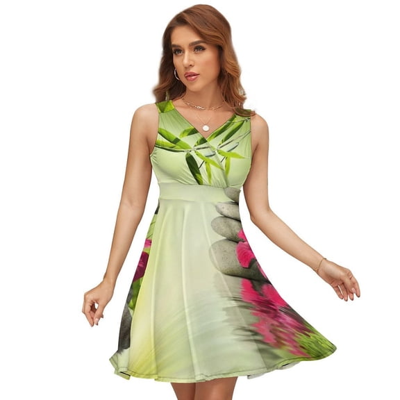 Stones Red Hibiscus And Bamboo on The Water Sundress Sleeveless Dress Summer Women Clothes Dress for Women Dresses