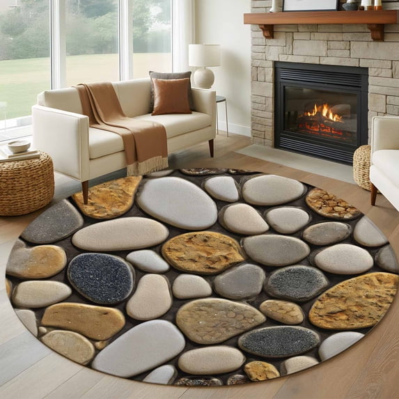 Stones Round Area Rug 8Ft Washable Large Circle Rugs for Living Room Dorm, Gravel Rock Cobblestone Natural Pattern Art Non-Slip Carpet Floor Mats Indoor Outdoor Carpet Runner Aesthetic Home Decor