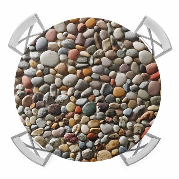 Stones Round Table Cover, Abstract Colored River Cobblestones Stones Photo Waterproof Fitted Tablecloths for 36"-44" Tables, Washable Picnic Table Cover for Camping Dining Indoor Outdoor