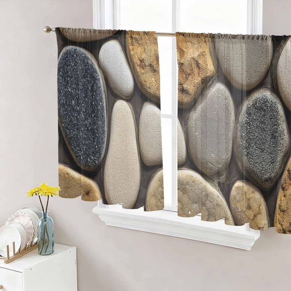 Stones Sheer Curtains 45 Inch Length 2 Panels for Living Room, Gravel Rock Cobblestone Natural Pattern Art Voile Kitchen Curtain Set, Luxury Privacy Drapes Window Treatment for Bedroom