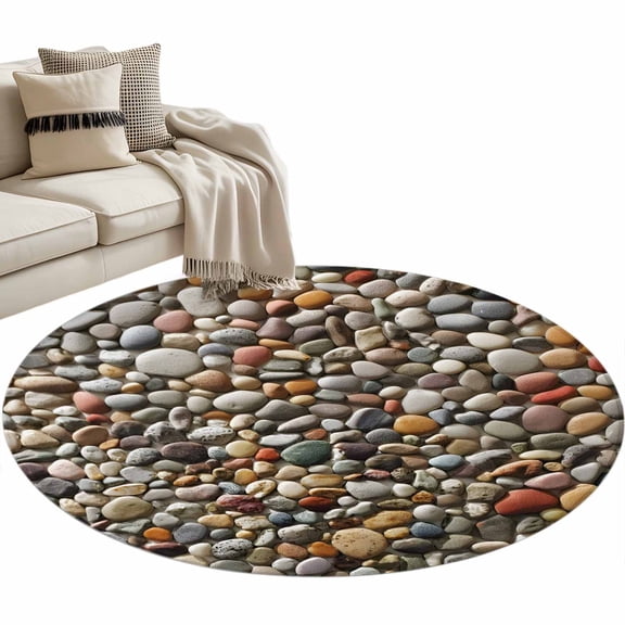 Stones Small Round Rug 3Ft Abstract Colored River Cobblestones Stones Photo Area Rugs Washable Non Slip Indoor Floor Mats Circle Carpet for Living Room Bedroom Dining Room Home Decor