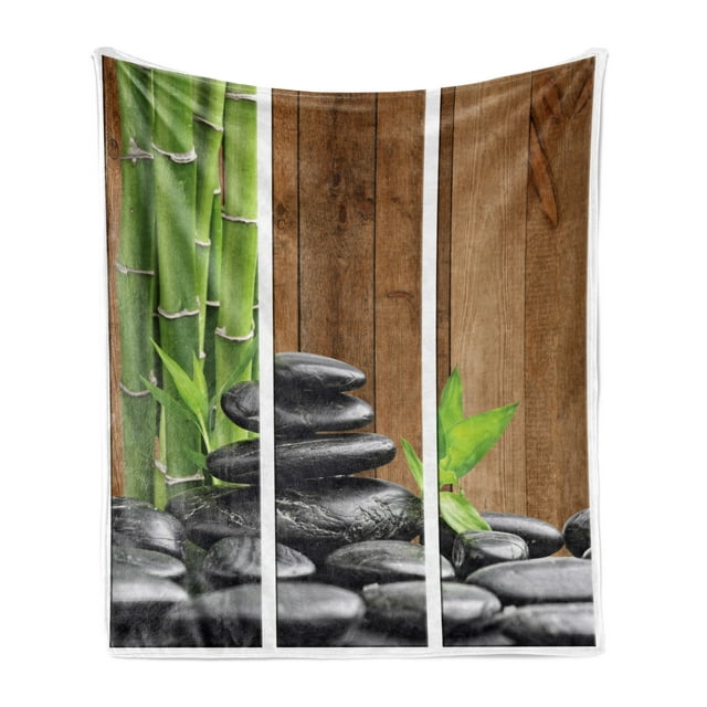 Stones Soft Flannel Fleece Blanket, Bamboo Branches and Dark Colored Spa Rocks as Modern Rectangular Frames, Cozy Plush for Indoor and Outdoor Use, 60" x 80", Dark Grey Brown Green, by Ambesonne