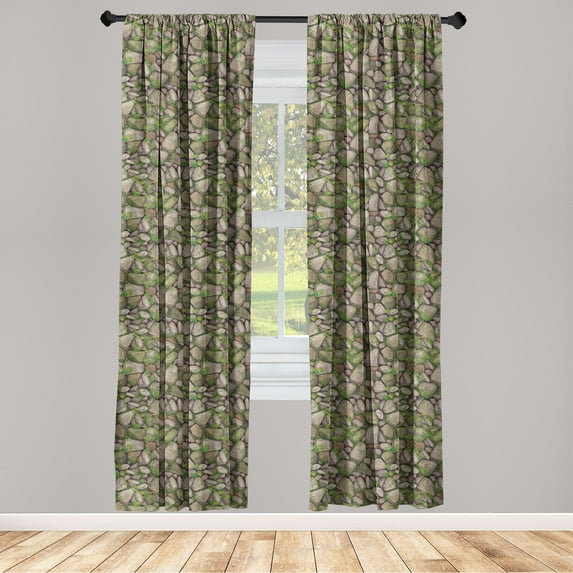 Stones Window Curtains, Vintage Vibes Hand Drawn Looking Cobblestone With Foliage Illustration, Lightweight Decor 2-Panel Set with Rod Pocket, Pair of - 28"x95", Reseda Green Pale Grey, by Ambesonne