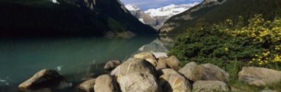 Stones at the lakeside Lake Louise Banff National Park Alberta Canada Canvas Art - Panoramic Images (36 x 12)