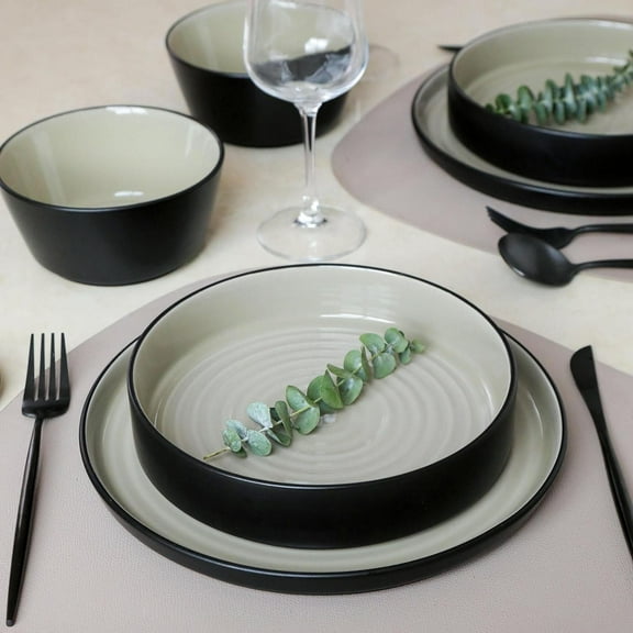 Stoneware 12-Piece Dinnerware, Plates and Bowls Sets, Service for 4, Beige and Black, Modern Dishware, Microwave & Dishwasher