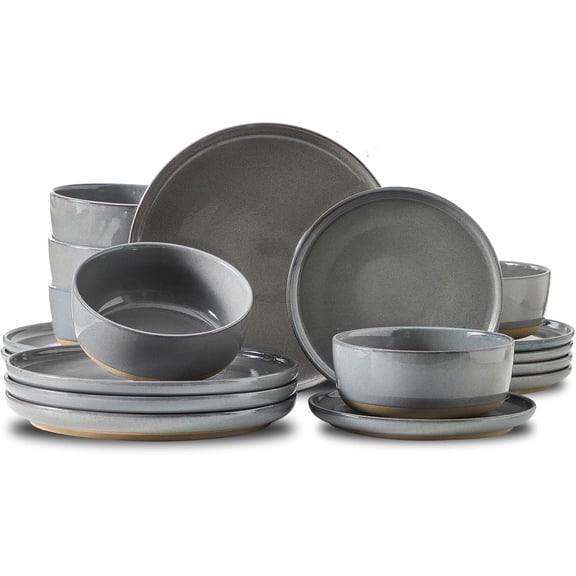Stoneware 18 Pieces Plates and Bowls Sets, Porcelain Dinnerware Sets for 6, Ceramic Dishes Sets with Speckled Pattern, Scratch Resistant Microwave and Dishwasher Safe, Dark Gray