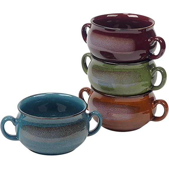Stoneware 24oz Reactive Glaze Soup Crocks Set of 4: Perfect for soups, stews, and casseroles. Unique reactive glaze, oven-safe, microwave- and dishwasher-friendly with easy-grip handles for serving.