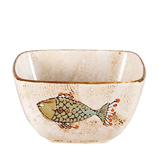 Stoneware Artisan Hand Painted Fish, 16pc Reactive Glaze Dinnerware Set