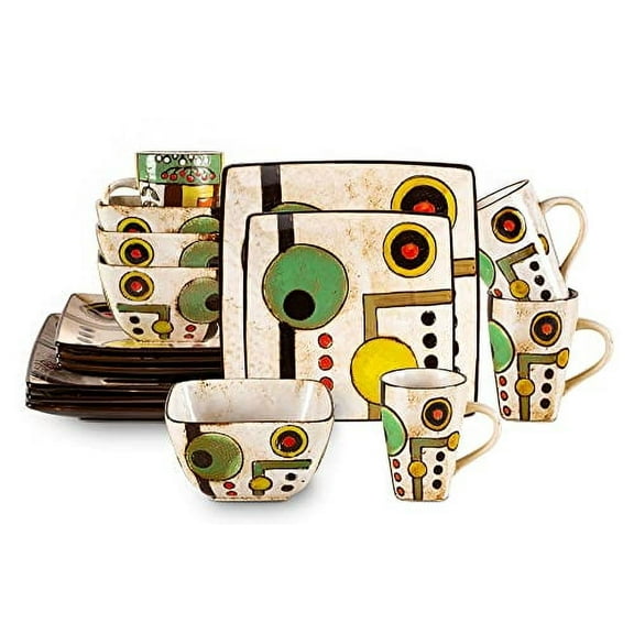 Stoneware Artisan Hand Painted Impressionism Pond, Reactive Glaze 16pc Dinnerware Set