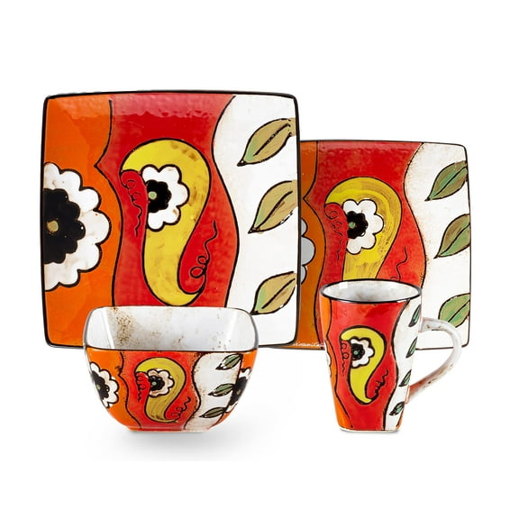 Stoneware Artisan Hand Painted Reactive Glaze 16pc Dinner Set Square, Impressionism Garden