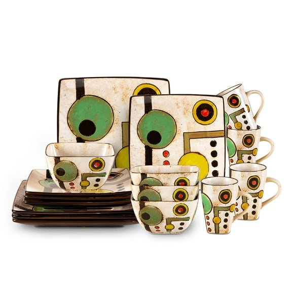 Stoneware Artisan Hand Painted Reactive Glaze 16pc Square Impressionism Pond Dinner Set