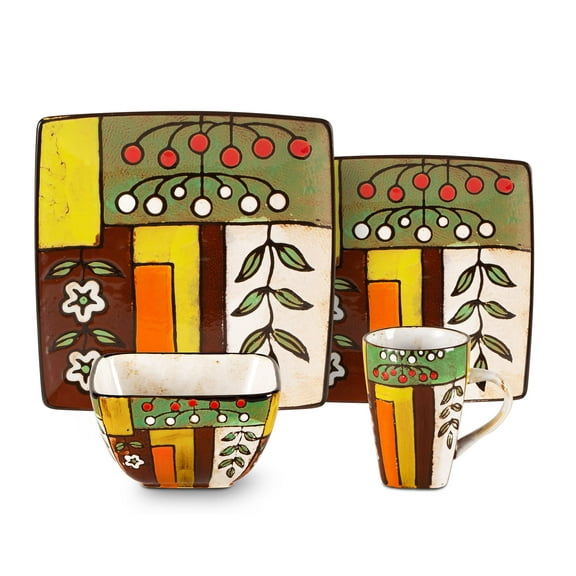 Stoneware Artisan Hand Painted Reactive Glaze 16pc Dinner Set Square, Spring Garden