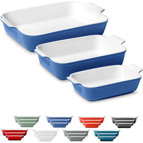 Stoneware Casserole Dish Bakeware Set of 3 | Rectangular Dinnerware Set with Handles [Reactive Blue]