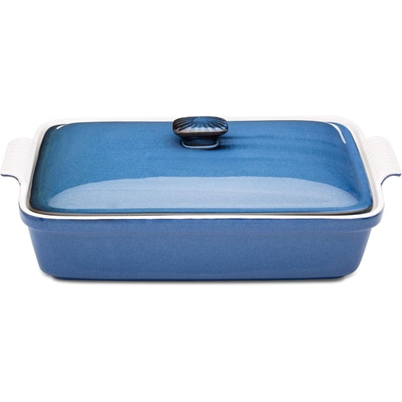 Stoneware Casserole Dish Bakeware Set with Lid, Covered Rectangular Dinnerware,  4.23 Quart, 13 by 9 Inch, Blu Indaco [Reactive Blue]