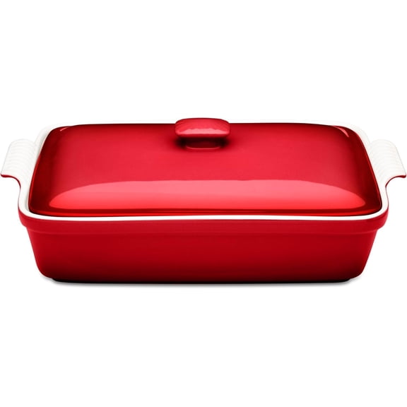 Stoneware Casserole Dish Bakeware Set with Lid, Covered Rectangular Dinnerware, Large 3.2 Quart, 11 by 9 Inch [Deep Red]