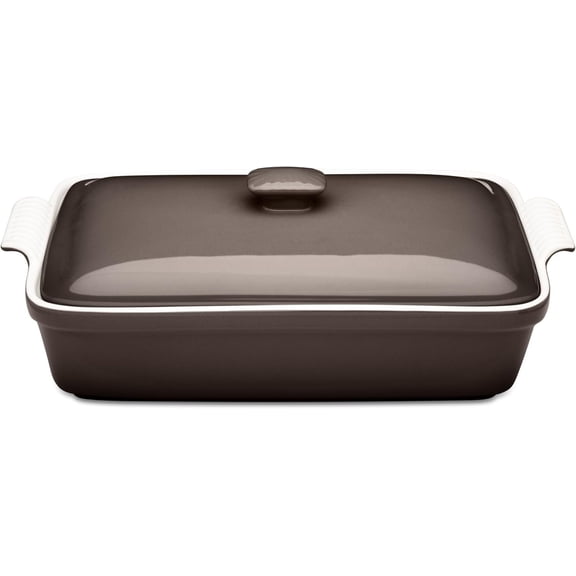 Stoneware Casserole Dish Bakeware Set with Lid, Covered Rectangular Dinnerware, Large 3.2 Quart, 11 by 9 Inch [Oyster Grey]