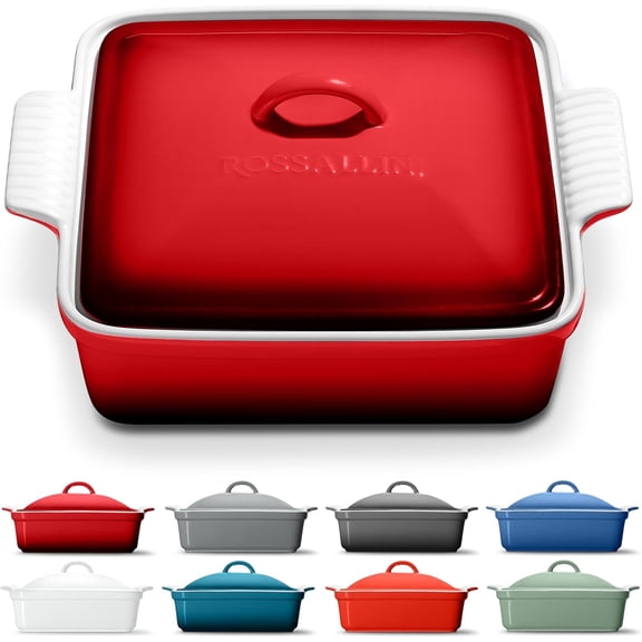 Stoneware Casserole Dish Bakeware with Lid Covered Square Dinnerware Large 2.5 Quart Deep Red