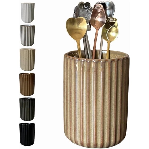 Stoneware Coffee Bar Utensil Holder Tea & Coffee Spoon & Stirrer Holder for Stir Stick Straw Teaspoon Holder Spoon Cup Small Utensil Jar Fluted Vertical Stripe (Rustic Brown)