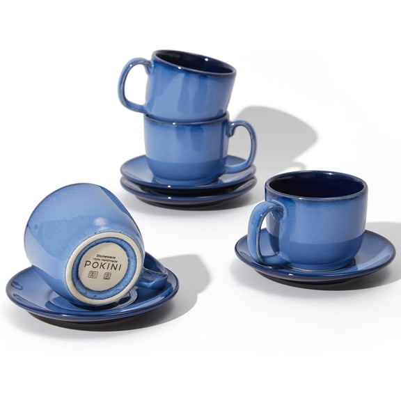 Stoneware Coffee Cups with Saucers, 6 Oz Cappuccino Cups Set of 4,Light Blue