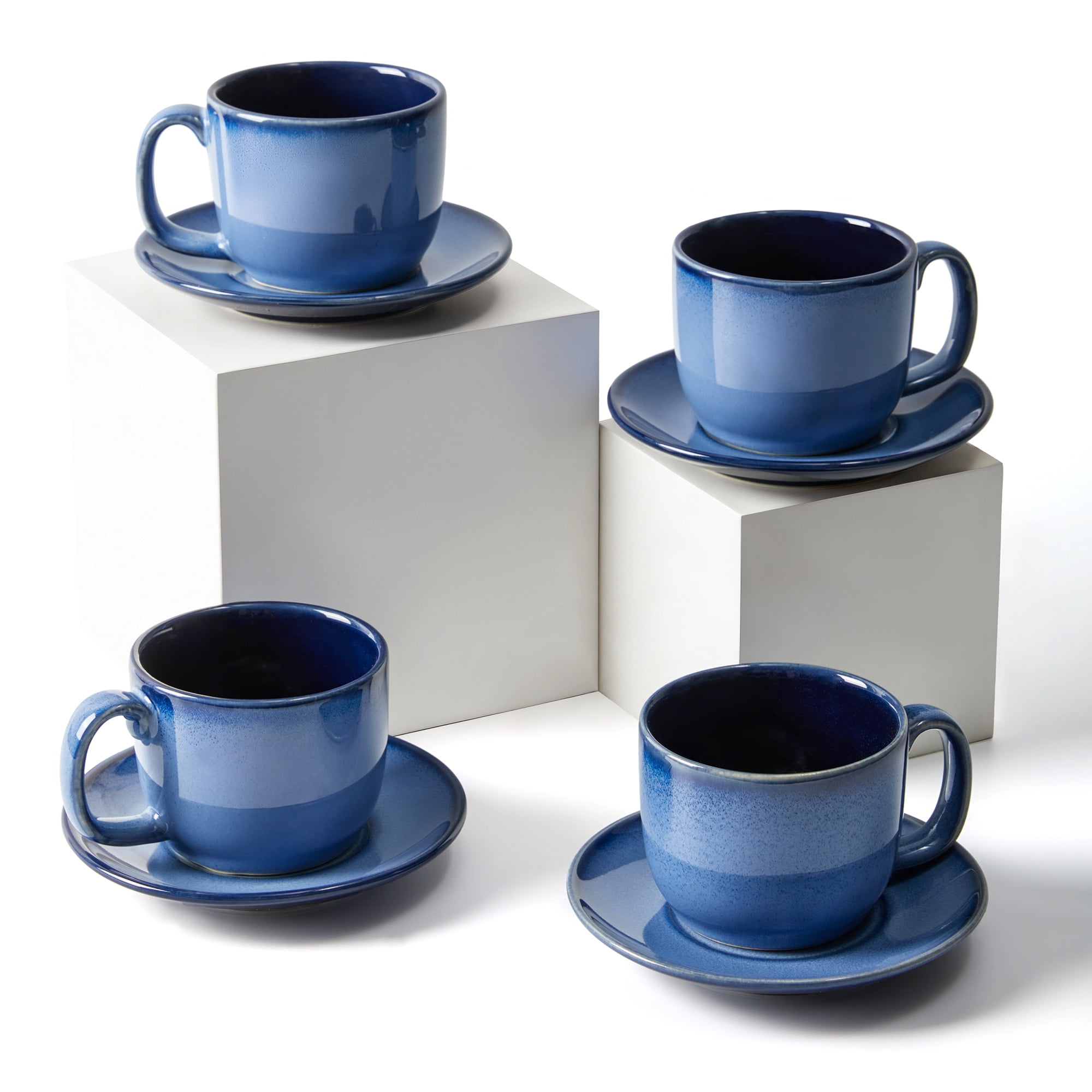 Stoneware Coffee Cups with Saucers, 6 Oz Cappuccino Cups Set of 4,Light Blue