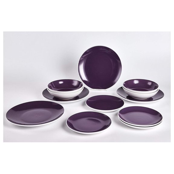 Stoneware Coupe Shape 12pc Dinner Set, Outside White + Inside Purple