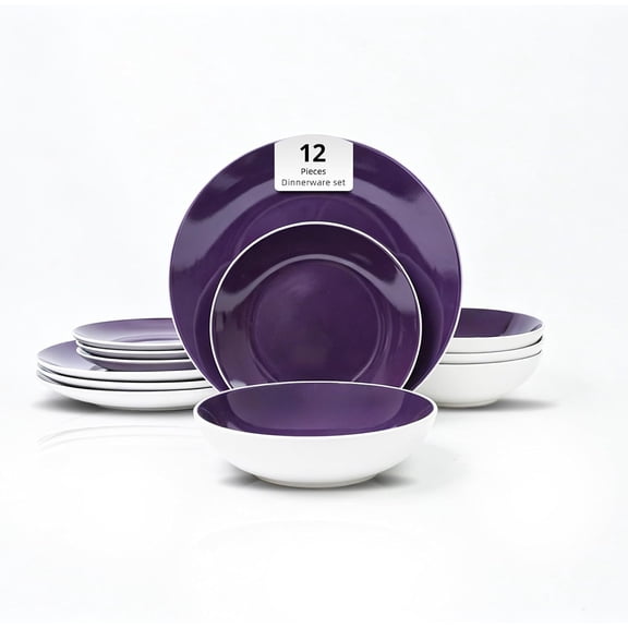Stoneware Coupe Shape 12pc Dinner Set, Outside White + Inside Purple