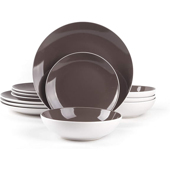 Stoneware Coupe Shape 12pc Dinnerware Set, Outside White + Inside Taupe