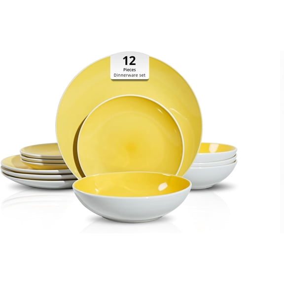 Stoneware Coupe Shape 12pc Dinnerware Set, Outside White + Inside Yellow