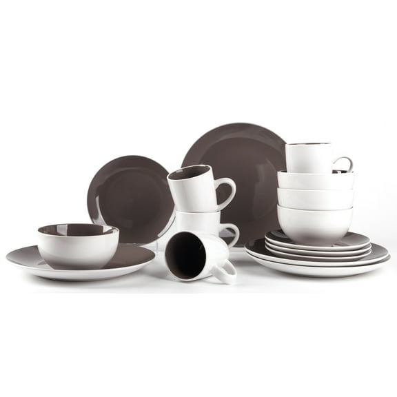 Stoneware Coupe Shape 16pc Dinnerware Set, Outside White + Inside Grey