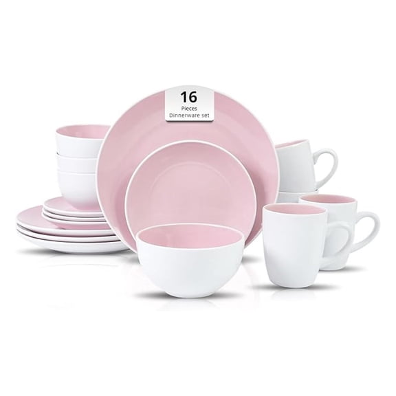 Stoneware Coupe Shape 16pc Dinnerware Set, Outside White + Inside Pink