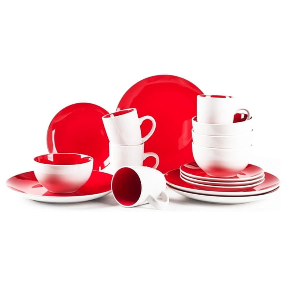 Stoneware Coupe Shape 16pc Dinnerware Set, Outside White + Inside Red