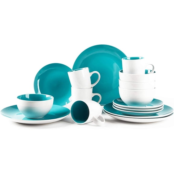 Stoneware Coupe Shape 16pc Dinnerware Set, Outside White + Inside Turquoise
