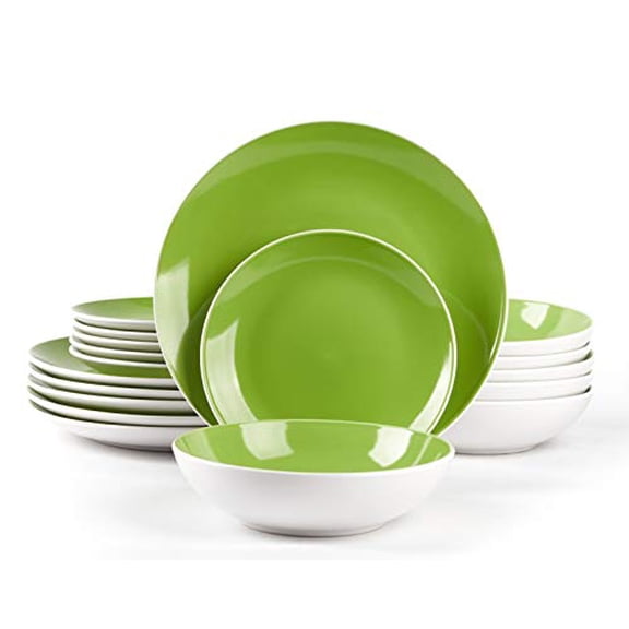 Stoneware Coupe Shape 18pc Dinnerware Set, Outside White + Inside Bamboo