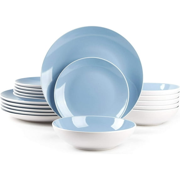 Stoneware Coupe Shape 18pc Dinnerware Set, Outside White + Inside Blue
